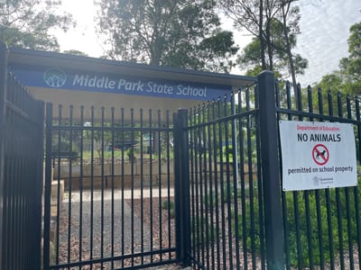 The media file, captured in Riverhills, Australia, presents an outdoor scene depicting the entrance to a school, rotated 90 degrees counter-clockwise. A prominent black metal fence and gate run vertically across the center of the frame, serving as a boundary for the school property.

Attached to the left vertical post of the fence is a white rectangular sign. The text on this sign, which appears sideways due to the image's rotation, reads: "NO ANIMALS permitted on school property." Below this main text, smaller lines indicate "Department of Education" and "Queensland Government." A red circle with a diagonal line through it, placed over a silhouette of a dog, reinforces the "no animals" rule.

Further down and spanning horizontally across the lower part of the frame, a blue sign is partially visible, also rotated. This sign displays the school's name: "Middle Park State School," accompanied by a circular logo. Beyond the fence, a paved path or ground surface can be seen, with glimpses of green foliage and what appears to be a rubbish bin. The background features tall trees with visible trunks and canopies, suggesting a natural environment. The lighting indicates it is daytime, with clear skies visible through the tree branches. No specific activities or people are present in the static scene.
