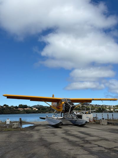 An orange and yellow seaplane is parked on a gravel ramp next to a body of water under a blue sky with scattered white clouds. The seaplane has its propellers detached and the pontoons rest on the ramp. The body of water is calm and reflects the sky. In the background, across the water, is a tree-covered hillside with houses visible amongst the trees. A small dock extends into the water to the right of the seaplane. The scene appears to be a marina or a seaplane base. There are no people visible in the image. The location is Marin City, California, United States of America.