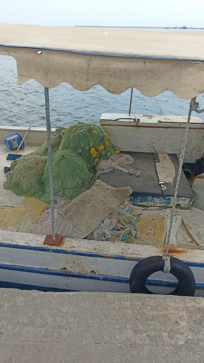 The image shows a close-up view of a boat docked at a pier. The boat is filled with fishing nets of various colors, predominantly green and pink, some with yellow and blue floats. A beige blanket is draped over some of the nets. To the left, a blue bucket and a broom are visible. A spare tire hangs from a rope on the right side of the boat. The boat itself appears weathered, with peeling paint on its railings. The water is visible in the background, with a distant shoreline and a lighthouse on the horizon. The sky is overcast, suggesting a cloudy day. The setting is a harbor or port, likely in Mersin, Turkey, given the context. There are no people visible in the image. The overall impression is one of a working fishing vessel, perhaps at rest after or before a fishing expedition. The scene is calm and still, with no active event taking place. No visible text is present.