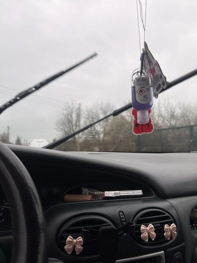 The image depicts the interior of a vehicle, viewed from a passenger's perspective, looking forward through the windshield. The scene is set in Yastrebovo, Bulgaria.
**Inside the Vehicle (Foreground):** A dark-colored dashboard occupies the lower half of the frame. A portion of a black steering wheel is visible on the far left. Three light pink fabric bow decorations are attached to the circular air vents on the dashboard; two are clearly visible on the central vents, and one is partially seen on a vent to the right. An open compartment or recess on the dashboard contains a white cigarette pack (displaying Cyrillic text "ПУШЕНЕТО УБИВА"), a light brown cylindrical object, and a small metallic item. Hanging from the rearview mirror area are a small, clear plastic bottle of hand sanitizer with purple liquid, bearing a hazard symbol (flame over hand) and a barcode, and a red, flower-shaped air freshener attached beneath it. A multi-colored air freshener is partially visible behind these items.
**Outside the Vehicle (Midground and Background):** The windshield is wet with water droplets, and two black windshield wipers are visible; the upper wiper is blurred, indicating movement. Beyond the windshield, an overcast grey sky dominates the upper portion of the frame. A dense line of bare deciduous trees with thin branches runs across the midground. Through the trees, a faint, light-colored structure, possibly a building, is discernible in the distance. No people are visible.