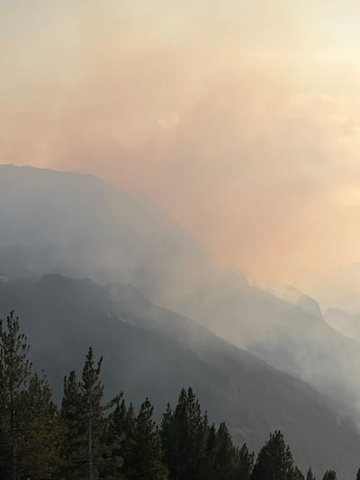 The image depicts a mountainous landscape partially obscured by smoke. The sky on the left is a hazy, muted orange, suggesting either sunset or a significant amount of smoke in the atmosphere. Layers of mountains recede into the distance, their outlines softened by the haze and smoke, creating a sense of depth. The mountains themselves appear dark and rugged. In the foreground on the right, the tops of coniferous trees are visible, their branches dark against the smoky sky. The overall scene evokes a feeling of atmospheric disturbance, possibly related to a wildfire, given the heavy smoke. There is no visible text in the image. The lighting and the color of the sky suggest it could be late afternoon or early evening.