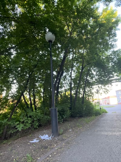 This media file depicts a street scene on a sunny day. The foreground features a paved walkway on the left, bordered by a patch of dirt and foliage on the right. Discarded white paper or plastic debris is scattered on the ground near a dark cylindrical object, which appears to be the base of a street light. The street light itself extends upwards and is topped with a round, white lamp.
Beyond the walkway, dense green trees with dappled sunlight filtering through their leaves dominate the scene, suggesting a park or a tree-lined street. The sun is bright, casting highlights through the canopy. In the background, several buildings are visible, hinting at an urban or suburban setting. The buildings appear to be of moderate size, with some architectural details suggesting residential or commercial use. One building displays visible text, though it is not clearly legible in the image.
The overall impression is of a quiet, daytime scene in an outdoor environment, likely a public space in Kiselyovsk, Russia, given the location context. The presence of discarded debris might suggest a lack of recent maintenance, but the overall atmosphere appears peaceful.