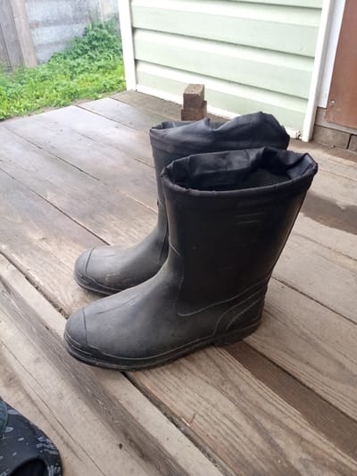 A pair of black rubber boots are positioned on a wooden deck, partially obscuring a patch of green grass and a section of a light green, horizontally-paneled structure. The boots are the primary focus of the image, with the left boot slightly in front of the right. The deck appears weathered, with visible wood grain and some scattered debris. In the background, a greyish, possibly metallic, wall or fence is visible to the left, with more green foliage. To the right, a portion of a wooden door is visible. The scene suggests an outdoor setting, potentially a porch or backyard area. This image does not depict the city of Nakhodka, Russia.