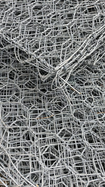A close-up, overhead view captures a dense, tangled pile of galvanized wire fencing. The fencing is composed of interlocking strands of wire, creating a grid-like structure that is twisted and bunched together. The metallic gray color of the wire is uniform, with no visible rust or significant wear. A few thin, dry brown plant stems are interspersed within the wire mesh. The lighting is even, casting minimal shadows and highlighting the texture and intricate pattern of the wire. The location is specified as Turgoyak, Russia, though the image itself offers no visual cues to confirm this specific geographical placement; it depicts a general scene of stored or discarded wire fencing material. There are no people, actions, or interactions depicted.