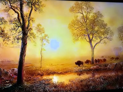 This image is a detailed, painterly depiction of a natural landscape, likely a savanna or prairie, rendered with an intense golden-yellow and orange hue, characteristic of a sunrise or sunset. The sky is predominantly a luminous golden-yellow, with a brighter, almost pale blue spot near the center, indicating the sun's position.

Two large, prominent trees with dark, gnarled trunks and sparse, golden-yellow foliage frame the scene, one on the far left and another on the far right. A smaller, slender tree stands centrally in the middle ground. The ground is covered with dry, golden-brown grasses and sparse, dark green and brown vegetation, reflecting the warm light. A calm body of water, possibly a pond or slow-moving river, stretches across the middle ground, prominently reflecting the golden sky.

A herd of dark-coated bison (or similar large bovine animals) is distributed across the landscape. Several individuals are clustered on the far right side of the pond, while one solitary bison stands near the pond on the left-center. Additional, smaller groups of bison are visible in the hazy background on the right. The overall atmosphere is warm, hazy, and tranquil.

Regarding the location, this image does not depict a scene within the city of Reus, Spain. Reus is an urban municipality in Catalonia, known for its architectural heritage and Mediterranean environment, which does not feature expansive prairies, wild bison herds, or the specific ecological characteristics present in this landscape. The depicted scene is consistent with North American plains or similar savanna environments.