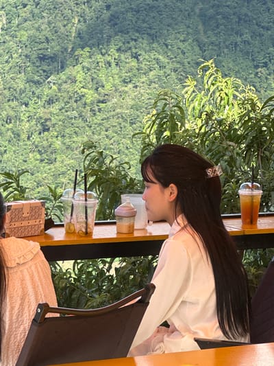 The image captures an outdoor cafe scene in Tu Le, Vietnam, presenting a side profile view of a young woman seated at a wooden counter. She has long, straight dark hair, partially held back by a clear hair clip featuring a repeated "Dior" pattern/logo. She is wearing a light-colored, long-sleeved top and is looking to her right, away from the camera. To her immediate left, the back of a second person is partially visible, wearing a light-colored top with ruffles.
On the wooden counter in front of the individuals, from left to right, are several items: a light brown rectangular box with a repeating geometric pattern; two clear plastic cups with lids, black straws, ice, and lime slices (one mostly empty, the other partially full); a small, light pink/purple bottle with a nipple-like cap containing a light brown liquid; and a clear plastic cup with a lid and a black straw, containing an amber-colored iced beverage with ice, which appears mostly full.
Immediately behind the counter is a row of lush green foliage and tree branches. Beyond this midground vegetation, the background is dominated by a vast, dense, and verdant mountain range covered in abundant green trees, illuminated by natural daylight.