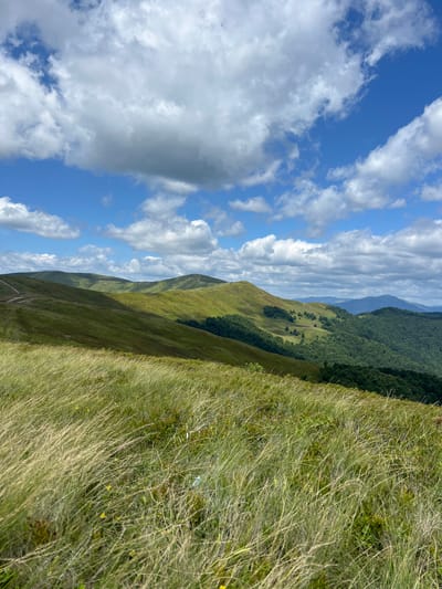 The image depicts a scenic mountain landscape in Ust'-Chorna, Ukraine, under a partly cloudy sky. The scene is dominated by rolling green hills covered in lush grass and scattered trees. In the foreground, tall, dry grasses sway in the wind, creating a textured foreground. Beyond the immediate hillside, successive layers of mountains recede into the distance, their peaks softened by atmospheric haze. The sky is a vibrant blue, punctuated by fluffy white clouds and some wispy, elongated clouds that stretch across the horizon. The sunlight suggests it is daytime, likely mid-morning or afternoon, with shadows cast across the slopes indicating the sun's position. The overall impression is one of natural beauty and tranquility, evoking a sense of peace and the vastness of the landscape. No people or specific objects are clearly discernible, focusing the viewer's attention solely on the natural environment. The image appears to be a still photograph, capturing a moment of serene natural grandeur.