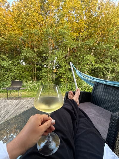 The image depicts a person relaxing outdoors with a glass of white wine. The setting appears to be a backyard or patio area, likely in the city of Zamosh'e (Zaklinskoe S/P), Russia, judging by the surrounding trees and vegetation. In the foreground, a person's hand holds a stemmed wine glass filled with a pale yellow liquid, likely white wine. The person is wearing black trousers and a white shirt visible at the bottom left. Their bare feet are propped up, suggesting a state of relaxation. Behind the person, a dark wicker chair is visible, and further back, a striped hammock hangs between a pole and another structure. To the left, a wooden deck leads to a barbeque grill. The background is dominated by lush green trees, with some branches catching the golden light of what appears to be late afternoon or early evening. The overall atmosphere is one of leisure and tranquility amidst a natural environment.