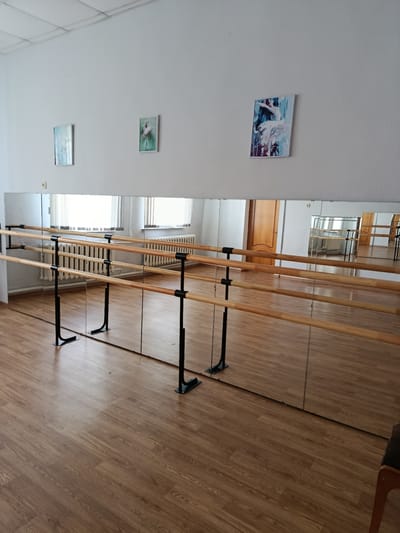 A ballet studio in Смілавіцкі сельскі Савет, Belarus, features a mirrored wall reflecting multiple parallel ballet barres supported by black metal stands. The room has a wooden floor and a white ceiling with fluorescent lighting. Three framed pictures of dancers are mounted on the wall above the mirrors. One painting depicts a dancer in a white tutu against a blue and purple background. Another shows a dancer in a pink costume against a green background. A third, smaller picture on the far left, is partially obscured but appears to be a framed artwork. A wooden door is visible in the reflection.
