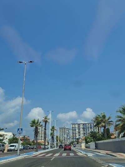 The image depicts a street scene in La Manga Del Mar Menor, Spain, on a clear, sunny day with scattered clouds. A road runs horizontally across the lower portion of the frame, marked with a pedestrian crossing. Several cars are visible on the road, including a red car in the foreground and other vehicles parked or driving alongside. Tall palm trees line the right side of the road, interspersed with modern, multi-story apartment buildings with balconies. A pedestrian crossing sign is present on the left side of the road, near a tall lamppost. The buildings appear to be residential or hotel accommodations, characterized by their white facades and blue accents on the balconies. The environment suggests a coastal or resort town setting.