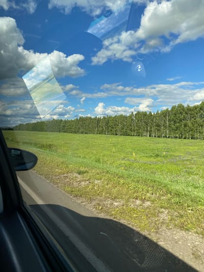 The image was captured on a sunny day from inside a vehicle, looking out the window. The scene depicts a vast green field stretching towards a dense line of trees. The sky above is a vibrant blue, adorned with scattered white clouds, some of which are quite large and dramatic. A reflection is visible on the car's window, showing a portion of the sky and possibly some of the car's interior. The foreground shows the side of the car and a shadow cast by the vehicle on the road beside the field. The image's perspective suggests a journey through a rural or semi-rural area. The location is identified as Novopetrovskoe, Russia.