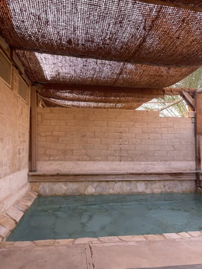 The image displays an unoccupied, semi-enclosed bathing facility located in the Arava Tichona Regional Council, Israel. The foreground features a rectangular pool filled with clear, light blue-green water, exhibiting minor surface ripples. The pool's internal perimeter is lined with irregular, light-colored stone, topped by a rough-hewn stone coping. Behind the pool, a low wall constructed from light brown concrete blocks extends horizontally, with a wooden shelf running along its top edge. To the left, a vertical wall of similar concrete blocks contains two small, high-set rectangular openings, likely vents or windows. Overhead, a rustic shade canopy, woven from coarse, brown fibrous material, is supported by visible wooden beams. Diffused daylight filters through this canopy. The immediate ground in front of the pool is a flat, light-colored paved surface. In the upper right background, beyond the structure, fragments of green palm fronds are visible against a bright, overcast sky. No individuals, animals, or active subjects are present in the scene.