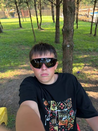 This is a vertical, medium shot of a young person wearing black sunglasses and a black t-shirt with a colorful, geometric pattern on the front. The subject is looking towards the camera, with a neutral expression. The background shows a grassy area with trees and a wooden fence. There are shadows from the trees, suggesting it is daytime. A portion of a yellow object is visible in the lower right corner of the frame. The overall scene appears to be outdoors, possibly a park or a wooded area. The location context provided is Elekmonar, Russia, which suggests a natural, possibly rural or suburban setting. There is no visible text in the image.