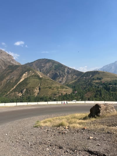A wide shot captures a majestic mountain landscape under a clear blue sky with sparse white clouds. The foreground features a paved road curving into the distance. To the left of the road, a rocky, gravelly terrain is visible, with patches of dry grass and a large, rough-hewn boulder resting on the grass. A white concrete barrier with metal posts separates the road from a grassy embankment that slopes up towards a densely forested valley. Beyond the trees, the rugged mountains rise, their slopes a mix of green vegetation and exposed rock faces. Several small buildings with red roofs are nestled within the trees, suggesting a small settlement. The overall impression is one of natural beauty and rural tranquility.