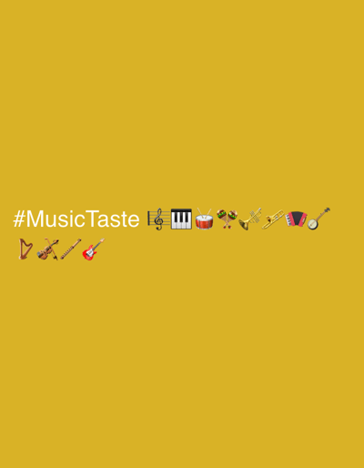 This media file is a digital graphic with a solid, mustard-yellow background. Prominently displayed across the lower portion of the image is the hashtag "#MusicTaste" in white text. To the right of the text, a series of musical instrument emojis are arranged horizontally. These include a treble clef, a piano keyboard, a drum, maracas, a trumpet, a trombone, an accordion, and a banjo. Below this line of emojis, another row of musical instrument emojis is present: a harp, a violin, a recorder, and an electric guitar. The overall presentation suggests a theme related to music appreciation or a music-related event. There are no people, specific settings, or time-of-day indicators visible. The image is solely text and emojis against a plain background.
