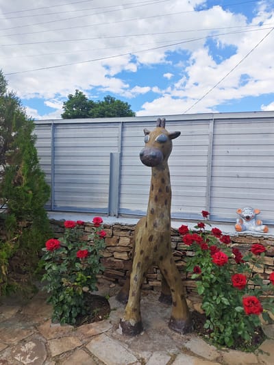In Krutinskiy, Russia, a garden scene features a decorative garden sculpture of a giraffe made of wood or concrete, positioned on a stone-paved area. The giraffe sculpture is located in front of a stone wall and a light grey metal fence. Several red roses are planted in front of the stone wall, and a small, light-colored garden ornament resembling a mouse or bear is visible to the right of the giraffe. A large evergreen tree is situated to the left of the giraffe. The sky above is blue with scattered white clouds, and power lines are visible against the sky.
