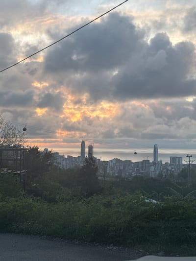 The image depicts a cityscape in ქვედა სამება, Georgia, viewed from an elevated position. The sky is dominated by clouds, with patches of sunlight visible. In the distance, high-rise buildings are visible, including the distinctive Radisson Blu Hotel Batumi. A power line runs across the foreground of the sky. The foreground is filled with green vegetation, including bushes and trees. A fence-like structure is also visible near the bottom of the image. A gray asphalt road appears on the far right. The perspective suggests the photo was taken from a park or trail overlooking the city.