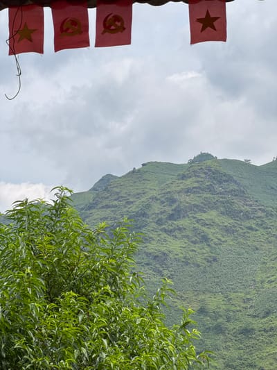 The image captures a serene, mountainous landscape in Du Già Commune, Vietnam, under an overcast sky. In the foreground on the left side, four red flags are displayed vertically, seemingly strung from a post or structure. The top flag and the partially visible bottom flag feature a yellow five-pointed star, resembling the national flag of Vietnam. The two flags positioned in the middle prominently display a yellow hammer and sickle emblem, a symbol associated with communism and often used by the Communist Party of Vietnam.

The right side and background of the image are dominated by a massive, steep mountain. Its slopes are densely covered in vibrant green vegetation, characteristic of a lush, possibly tropical, environment. In the mid-ground on the far right, a large, leafy green tree or bush with slender leaves adds another layer of natural beauty to the scene. The sky is filled with clouds, indicating an overcast daytime, but with ample diffused light illuminating the landscape.

The scene combines natural grandeur with strong national and political symbolism. There are no people visible, and no specific activity is taking place, presenting a static yet impactful view of the Vietnamese countryside. The flags, possibly part of local decor or a permanent display, provide a cultural and political context to the otherwise wild and verdant terrain.