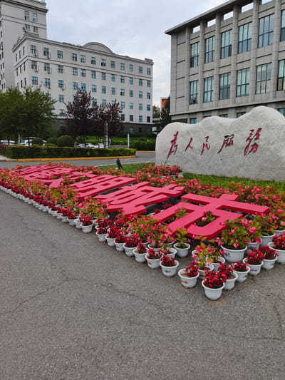 In the Jiguan District of China, a large, grey, carved stone rests behind a prominent red inscription. The inscription consists of large, three-dimensional red characters spelling out "为人民服务," which translates to "Serving the People." These characters are arranged in a line and are further embellished with numerous potted red and pink begonia flowers in white planters, creating a vibrant floral border.
To the left of the stone and inscription, a modern, light-colored building with multiple windows dominates the background. This building appears to be institutional or governmental in nature, with a taller section extending upwards. To the right, another building of similar architectural style is visible, also featuring numerous windows. The environment suggests an outdoor public space, possibly in front of a government office or university. The ground is paved with asphalt, showing some minor cracks. The sky is overcast, indicating a cloudy day. The overall scene conveys a sense of civic pride and public service.