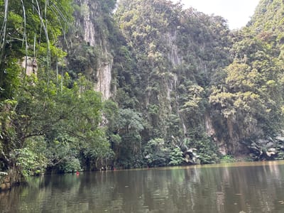 This image depicts a serene natural landscape at the Sam Poh Tong Cave Temple in Ipoh, Malaysia. A calm body of water, likely a pond or lake, occupies the foreground, reflecting the lush green vegetation and towering limestone cliffs that dominate the background. The cliffs are covered in dense foliage, with trees and other plants clinging to their surfaces, creating a verdant, almost overgrown appearance. The water is dark and still, with subtle ripples indicating a gentle breeze. The sky above is overcast, casting a soft light on the scene. There are no people visible in the image, but there are several red buoys floating in the water, possibly marking a swimming area or a path. The overall impression is one of tranquility and natural beauty.