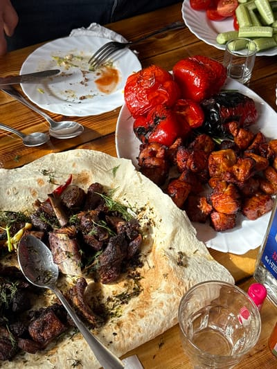 A high-angle shot shows a table laden with food, likely in a private setting. On a white plate are cucumber and tomato slices. Another white plate holds grilled red peppers and what appears to be grilled meat. A larger portion of grilled meat is served on a flatbread with herbs. Eating utensils and a partially emptied plate suggest that a meal is underway. A drinking glass and a bottle of alcohol are also visible on the table. The location, Borzya, Russia, is not discernible from the image itself.