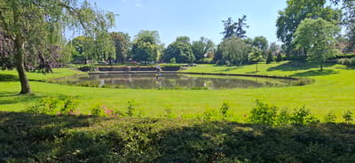 The image depicts a tranquil park scene in Apeldoorn, Netherlands, featuring a serene pond at its center. The pond is surrounded by lush green grass and mature trees, casting dappled shadows across the landscape. A stone embankment with steps leads down to the water's edge, where benches are visible. In the middle of the pond, a colorful sculpture of a person in a blue shirt and yellow pants stands, adding a touch of artistry to the natural setting. The sky above is a clear, bright blue, suggesting a pleasant day. Residential buildings with red-tiled roofs can be seen in the background, hinting at the park's urban integration.