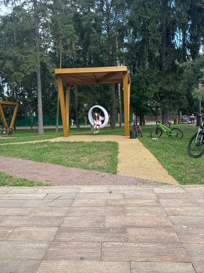 In Il'inskiy, Russia, a scene unfolds in a park-like setting with mature trees framing a grassy area. In the foreground, a paved walkway made of large, rectangular stone slabs stretches across the bottom of the frame. Beyond the walkway, a path of tan-colored gravel curves through the grass. Center-left, a triangular wooden structure with a metal support stands, with a bicycle leaning against its base. Nearby, a young girl with long dark hair, wearing a pink hooded jacket and black shorts, sits on a white, circular swing suspended from a wooden canopy structure. To the right of the canopy, two bicycles are parked on the grass; one is bright green, and the other is darker. Further in the background, a few adults are seated on a bench under the trees. A dark fence runs along the perimeter of the park, with some buildings visible beyond it.