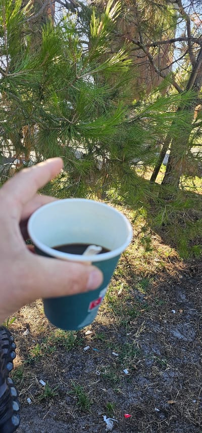 The image shows a close-up of a hand holding a teal-colored paper cup filled with dark liquid, presumably coffee. A small white stirrer or lid is visible inside the cup. The cup is held in front of a backdrop of green pine needles and branches, with sunlight filtering through, casting dappled shadows. In the lower left corner of the frame, a portion of a black object with blue reflective elements, possibly a tire or shoe, is visible. The ground beneath the pine tree appears to be a mix of dry grass, dirt, and scattered litter, including white plastic wrappers and red debris. The scene suggests an outdoor setting, possibly a park or wooded area, with the sun indicating daytime. The location is stated as Cestas, France.