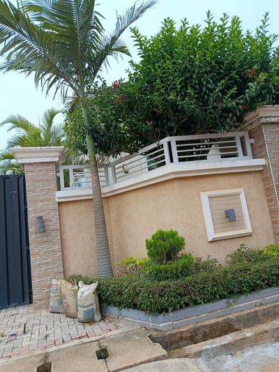 A medium shot captures a section of a property's exterior, likely in Rayfield, Nigeria, under overcast skies. The scene is dominated by a light tan, textured wall with a decorative white border and a white railing along the top. Several bags of cement are visible on a paved walkway to the left, with one bag labeled "MANGAL CEMENT". A tall palm tree stands to the right of the gate, its fronds reaching towards the sky. Behind the palm tree, a dense green tree with small red flowers is prominent. In front of the wall, a low, manicured hedge borders a concrete drainage ditch. A dark metal gate is partially visible on the far left. The lighting suggests it is daytime, but the cloud cover creates a muted, soft light. No people are present in the image. The overall impression is one of construction or maintenance work in progress, given the presence of the cement bags.