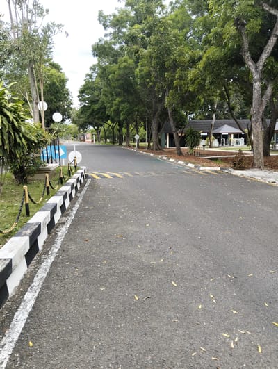 A paved road lined with trees and a black and white striped barrier curves through a semi-urban or park-like setting. The road appears to be a service road or a road within a compound. On the left side of the road, there is a grassy area with a low barrier made of black and yellow chain links attached to poles. Beyond the barrier, there are lush green plants and trees, as well as a blue sign with white text and an arrow, indicating direction. Two circular white objects, possibly lights or markers, are also visible in this area.
On the right side of the road, a row of mature trees with dense green foliage forms a canopy over the pavement. In the background, nestled amongst the trees, is a building with a dark tiled roof. The building has a modern architectural style, with several entrances and what appears to be outdoor seating areas. People are visible inside and around the building, suggesting it might be a cafe, restaurant, or administrative facility. The ground beneath the trees on the right is covered with a layer of fallen brown leaves and mulch, indicating an autumn or dry season.
The road itself is asphalt and shows signs of wear, with yellow painted speed bumps visible in some sections. Scattered yellow leaves are also present on the road surface, further suggesting a natural environment. The sky is overcast, indicating a cloudy or possibly humid day. The overall impression is one of a tranquil and well-maintained area, possibly a campus, a residential complex, or a recreational park. There is no specific activity or event clearly depicted, but the presence of people in the building suggests normal daily operations. The text on the blue sign appears to be in Indonesian, with "KELUAR" which means "OUT" visible.
