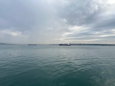 The image depicts a body of water, likely a sea or bay, under a cloudy sky. Several ships are visible in the distance, positioned horizontally across the frame. In the background, a city or urban area extends along the shoreline, obscured by haze and distance. The sky is predominantly gray, with varying cloud formations that dominate the upper portion of the image. The water's surface is rippled, reflecting the ambient light and sky conditions. The image was taken in the city of Unknown, Türkiye.