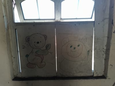 The image shows a close-up view of a window with two drawings of bears on panels that appear to be acting as shutters or a makeshift cover for the window. The window frame is old and shows signs of wear, with cobwebs visible in the upper right corner. The drawings are childlike and appear to be done in crayon or marker. The left drawing depicts a bear holding a leaf, with a green scarf and pink legs. The right drawing shows a bear with a large smiling face. Light is coming through the window, creating a bright background and highlighting the gap between the two panels. The scene appears to be an interior view looking outwards. Without additional context or information linking this image to a specific location, it is impossible to determine if it is located in Nicorești, Romania.