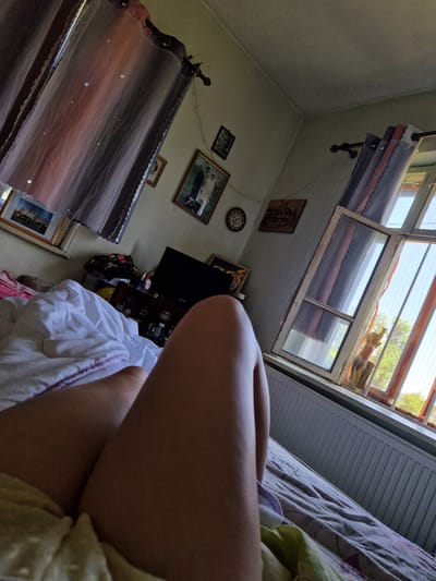 The image shows a cluttered bedroom. On the left, sheer curtains with small stars are drawn across a window. Below the window is a framed picture of a cityscape. A bed with white and patterned bedding occupies the foreground, with a person's legs visible in the lower right of the frame. To the right of the bed, a television sits on a shelf unit alongside various bottles and containers. Further to the right, a window with thin wooden panes looks out onto trees and daylight. A radiator runs along the bottom of the window. On the wall above the shelf unit are several framed pictures and a compass-like circular object. The overall impression is of a lived-in, slightly dishevelled room. The scene is consistent with a residential interior, potentially in Raduvene, Bulgaria.