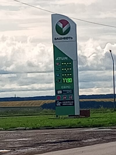The image shows a gas station price board in the city of Kushulevo, Russia. The price board displays prices for different types of fuel, with the price for one type being 77.90. The gas station has a distinctive green and white color scheme. The sky is cloudy, and there is a field and a road visible in the background. The overall scene is that of a typical gas station on a cloudy day in a rural or semi-rural setting in Russia.