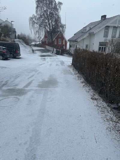 The image shows a snow-covered street in Trondheim, Norway. On the left are two residential buildings; the first, closest to the viewer is a white wooden building and the second is a red building. A bare tree stands between the red building and the street. The street is covered in snow, with tire tracks visible. Several vehicles are parked on the left side of the road, including a black car. A bush runs along the right side of the street covered in snow, as well as snow visible in the upper right. Snow is falling. The scene appears to be taken during the day.