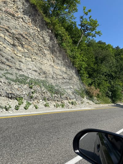 A driver's side rearview mirror reflects a black car driving on an asphalt road. The road has a yellow line down the center and white lines on the right. A rocky cliff face, reinforced with a wire mesh, rises on the left side of the road. Green vegetation, including bushes and trees, grows on top of the cliff and on its lower slopes. The sky is clear and blue. The scene appears to be in a natural, possibly mountainous, environment.