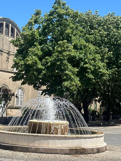 The image captures a fountain in a city square, likely in Trebinje, Bosnia and Herzegovina, given the architectural style of the surrounding buildings and the mature trees. The fountain itself is circular with a tiered design, constructed from light-colored stone. Water streams arc upwards and outwards from the central tier, creating a shimmering spray that catches the sunlight. The fountain is surrounded by a paved area, possibly cobblestone.
Behind the fountain, a large, dense tree with green leaves dominates the upper half of the frame, its branches spread wide. To the left of the tree, a building with a curved facade and arched windows is visible. The building is constructed of a textured, neutral-colored material, and the windows have white shutters. Further to the right, more trees and some lower structures are partially visible, suggesting a public urban space. The sky above is a clear, bright blue. The overall scene conveys a sense of peaceful urban tranquility on a sunny day.
