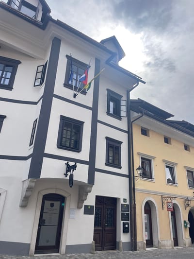 The image shows a building facade in Skofja Loka, Slovenia. The building is predominantly white with dark gray or black framing around the windows, creating a grid-like pattern. Several windows are visible, some with open shutters. Flags are displayed near one of the windows. The facade has a main entrance with a wooden door. To the right, there's an arched entrance with a glass door. Next to the main door, a plaque or sign is visible. Another yellow-colored building is visible to the right of the white one. The sky is overcast with bright sunlight breaking through the clouds.