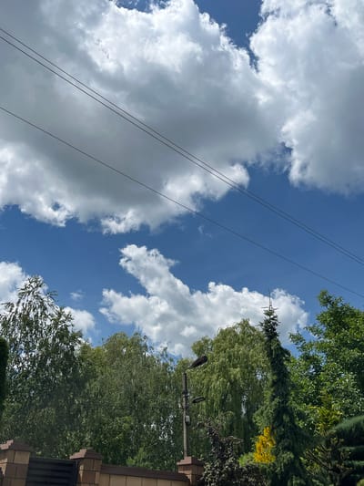 The image depicts a bright, clear day with a vibrant blue sky filled with large, white, fluffy cumulus clouds. Three dark, thin power lines are stretched diagonally across the upper portion of the frame. Below the sky, a dense line of various green trees, including deciduous trees with lush foliage and a tall, slender evergreen tree, forms the middle ground. Some of these trees have a weeping appearance. A lamppost is visible amongst the trees on the left side of the frame. In the foreground, the top of a brown brick and stone fence with dark metal accents is visible, suggesting a residential or garden area. The scene appears to be an outdoor environment within the city of Koroviia, Ukraine, likely a yard or park. There are no people or animals present in the image.