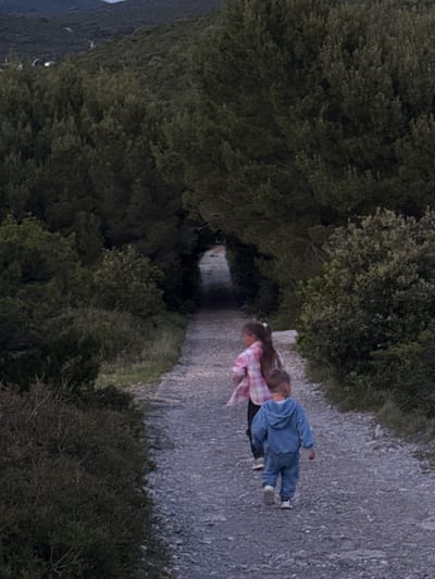 A medium shot depicts two people on a stone pathway bordered by trees in Luštica, Montenegro. The individual in the foreground is wearing a blue outfit, while the person behind them has on a pink and white checkered shirt. The path stretches into the distance, flanked by dense foliage on both sides.