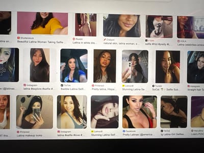 A computer screen displays a Google Image search for "Latina selfies." Multiple thumbnails show various Latina women posing in selfies. Each image has a source link underneath: Shutterstock, Reddit, Craiyon, X.com, HOLA, Instagram, TikTok, Pinterest, Lemon8, Tumblr, and Facebook. Captions below include keywords like "beautiful Latina woman taking selfie," "Latina in white dress," "natural skin, latina woman," "selfie #Hot #pretty," "Latina celebrities," "latina #explore #selfie," "Baddie Latina Selfi," "Pretty latina," "Stunning Latina," "SoCal. Selfie Sub," "Straight hair," "Latina makeup looks," "latina #selfie #love," "Pretty Latinas," "Ig Latina Girl Selfies," and "Lola's POV."