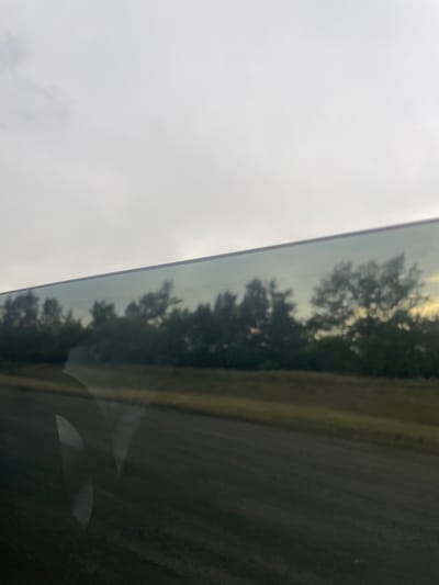 The image shows a landscape viewed through a window, likely from a moving vehicle. The sky is overcast and light gray. A horizontal band of trees is visible reflected in the glass, appearing dark green and silhouetted against a lighter sky. A dirt road or path runs horizontally across the lower part of the image. There are also faint reflections of what appear to be interior elements of a vehicle, such as a headrest or dashboard, in the lower left portion of the frame. The scene suggests a rural or roadside environment, potentially on the outskirts of a city like Успенка, Kazakhstan, given the limited vegetation and open terrain.