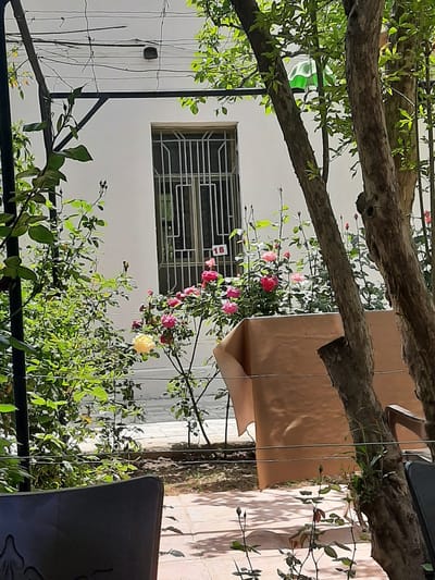The image depicts a residential scene in Qudsaiya, Syria. A white-painted building is visible with a window protected by metal bars and a sign reading "18." Rose bushes with pink and yellow blossoms grow near the building. A tan-colored canopy or awning is suspended from tree branches. The foreground includes tree branches, foliage, and sections of a black metal structure, possibly part of a fence or patio furniture. The setting suggests a garden or courtyard environment. A portion of a dark-colored chair is visible in the lower right corner. Shadows indicate daylight.