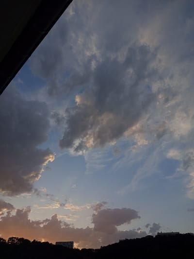 The image depicts a silhouetted landscape against a dramatic sky filled with clouds. The foreground is dominated by a dark, undulating treeline, suggesting a natural area or park within a city. Two multi-story buildings are visible, one to the right of center and another further left, both partially obscured by the treeline and silhouetted against the sky. These buildings are likely residential or office structures. The sky is a canvas of blues and grays, with patches of warmer tones, possibly indicating sunset or sunrise. Scattered dark specks in the sky could be birds. The overall impression is one of urban nature and the dynamic beauty of the sky. Without further context, it is impossible to pinpoint the exact location within Nancy, France, but the presence of urban structures and natural elements suggests a park or elevated area overlooking the city.