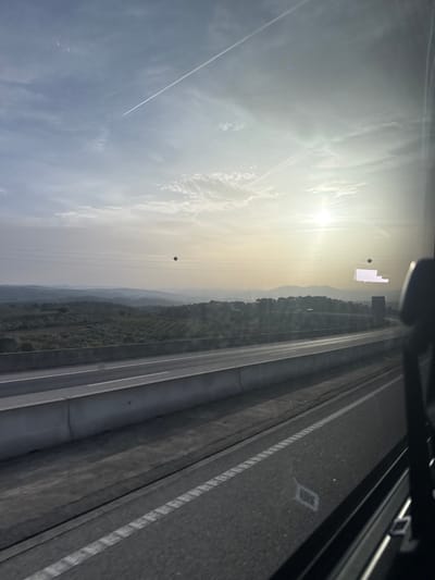 The image depicts a panoramic view of an elevated highway cutting through a rural landscape, observed from the interior of a vehicle, likely in Macedo de Cavaleiros, Portugal. The scene is illuminated by a low sun, positioned in the mid-right, indicating either sunrise or sunset. The sky, a hazy pale blue to yellow gradient, features scattered cirrus clouds and a prominent white contrail stretching from the upper left towards the upper right.
In the mid-ground, a multi-lane asphalt highway is visible, separated by a concrete median barrier. White lane markings, both solid and dashed, are present on the road surface. Below the highway's elevation, the landscape consists of rolling hills covered with dense, dark green vegetation, possibly agricultural land or scrub, extending into a misty horizon.
Several high-voltage power lines with spherical bird diverters traverse horizontally across the mid-ground above the landscape. One distinct dark spherical marker is visible near the center-left. On the far right, a dark, vertical structure, possibly part of a building or tower, stands against the horizon. The immediate foreground shows a dark vehicle interior component, likely a headrest or pillar, on the right. Reflections and lens flare from the sun are evident on the viewing surface, including a faint diamond shape reflected on the asphalt in the lower right. No individuals or specific actions are discernible within the frame.