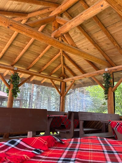 The image shows the interior of a rustic wooden gazebo. The roof structure is made of thick, natural logs, creating a warm and inviting atmosphere. The ceiling is constructed from wooden planks. Hanging from one of the main support beams is a cluster of green artificial leaves, adding a touch of greenery.
The gazebo overlooks a forest environment. Through the transparent side walls, pine trees are visible in the background, suggesting an outdoor, natural setting.
Inside the gazebo, wooden benches are arranged around tables. The tables are covered with red and black plaid blankets, and the benches also appear to have red and black plaid seat covers. The foreground is dominated by a close-up view of a red and black plaid blanket spread out on a table or bench.
The scene is set in Yurukovo, Bulgaria, implying a location possibly within or near a village known for its natural surroundings. There are no people visible in the image, and the focus is entirely on the structure, furnishings, and the surrounding natural environment. The overall impression is one of a cozy, outdoors dining or relaxation area, likely designed to blend with its natural surroundings.
