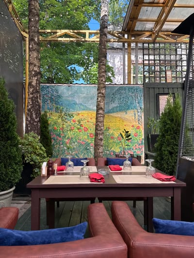 This is a medium shot of an outdoor seating area of a restaurant in Zhukovka, Russia. The scene is set on a wooden deck, with a dark brown wooden table in the center of the frame. The table is set for dining with placemats, red napkins, glasses, and a salt and pepper shaker. Two brown leather armchairs with blue cushions are visible in the foreground. Behind the table, a mural painted on a wall depicts a colorful landscape with trees, flowers, and a yellow field. Two trees with birch-like bark stand in front of the mural, and a propane heater is located to the right of the scene. The background shows a partially covered roof structure with exposed beams and translucent roofing panels. Lush green trees and foliage surround the seating area, suggesting a garden or park setting. The sky is visible through the foliage.
