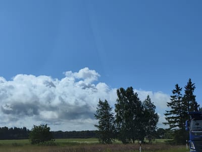 This is a photograph taken outdoors on a partly cloudy day. The scene depicts a landscape with a prominent blue sky filled with white and gray clouds. In the foreground, there is a roadside with some sparse vegetation and a few white posts with orange reflectors. To the right of the frame, the front of a blue Volvo truck is visible, with the Volvo logo and headlights clearly discernible. Behind the roadside, there is a field with some trees scattered across it, and a dense line of trees forming a forest in the distance. The overall impression is of a rural setting.