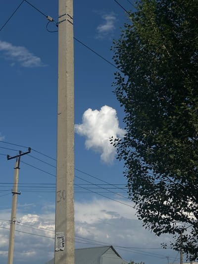 This media file captures an outdoor scene with a bright blue sky and scattered white clouds. A large tree with dark green leaves dominates the top left of the frame, casting shadows and partially obscuring the sky. In the foreground, a thick, grey concrete utility pole stretches horizontally across the image, with wires attached to it. Another, thinner utility pole with electrical insulators is visible in the lower right portion of the image, also with wires.
The image appears to be taken during the daytime, likely a sunny day due to the clear blue sky and bright illumination. There are no people visible. The setting suggests an urban or suburban environment with overhead electrical infrastructure.
Notable details include a single, distinct white cloud shaped somewhat like a face or an animal in the upper middle of the frame. On the concrete utility pole, there is a small, torn sticker or label with some visible text. The text on the sticker appears to be in Cyrillic script and includes the word "ВУЛИЧНОЇ" (street) and possibly numbers or other words that are difficult to decipher due to the image resolution and the condition of the sticker. The overall impression is one of a clear day, possibly in a residential area or along a street with utility lines.