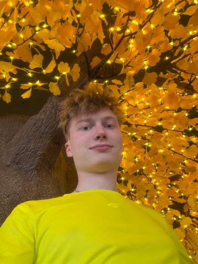 In Khotianivka, Ukraine, a young male with light skin and short, spiky blonde hair is pictured looking directly at the camera. He is wearing a bright yellow t-shirt. The man is positioned in front of a large, textured tree trunk on the left side of the frame. To the right and above him, a dense arrangement of artificial yellow leaves, intertwined with numerous small, bright yellow lights, creates a vibrant, illuminated backdrop. The overall scene is brightly lit, dominated by the warm yellow hues of the foliage and lights, suggesting an artificial, decorative setting.